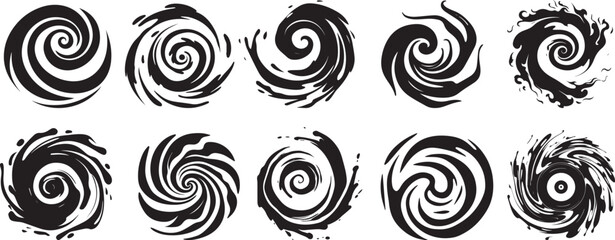 Water swirls, spherical spiral shapes, black and white decorative vector graphics