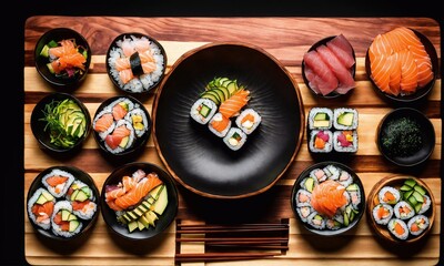 sushi on a wooden tray, Japanese cuisine