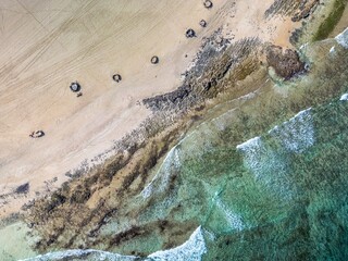 The drone aerial view of grand Corralejo beach, Fuerteventura Island. 