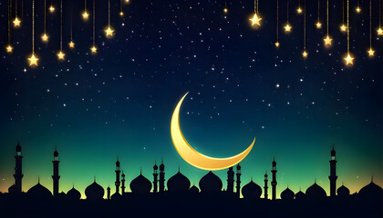 Illustration of a beautiful mosque with moon and star in the background, night view