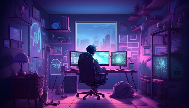 background website young game developer/programmer working, purple led room, technology, gamer boy