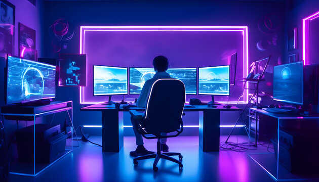 background website young game developer/programmer working, purple led room, technology, gamer boy