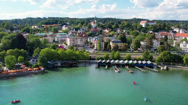 Aerial drone view of Starnberg See lake, Bavaria Germany. Recreation and relaxation area of town Starnberg with beach, cafe and forest.