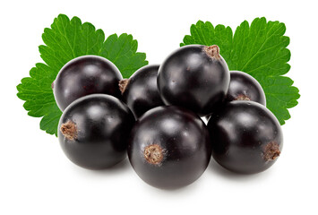 black currant with green leaves isolated on white background. macro. clipping path