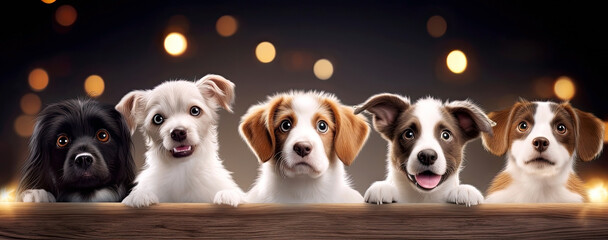 A dogs peeking over wooden edge. Web promotional banner for pet shop or vet clinic. Background with cute pets.