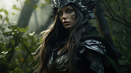 fantasy Gothic woman against the background of a magical forest. - 715043233