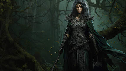fantasy female warrior standing in a magical forest.