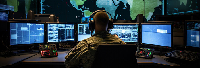 military man in front of monitors