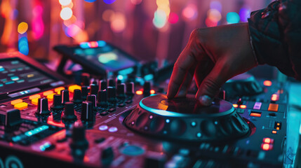 DJ's hand adjusting a mixer on a DJ console with colorful blurred lights in the background - obrazy, fototapety, plakaty