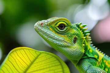 Fototapeta premium Green lizard. Beautiful animal in the nature habitat. Lizard from forest. Green Garden Lizard, Calotes calotes, detail eye portrait