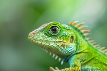 Obraz premium Green lizard. Beautiful animal in the nature habitat. Lizard from forest. Green Garden Lizard, Calotes calotes, detail eye portrait