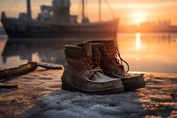 Boot im Winter im Sonnenaufgang - obrazy, fototapety, plakaty