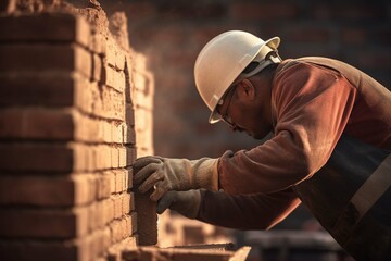 Bricklayer worker installing brick masonry on exterior wall with trowel putty knife - obrazy, fototapety, plakaty