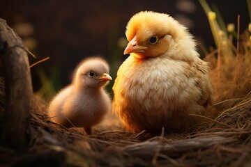 Brown mother hen teaches little fluffy chick