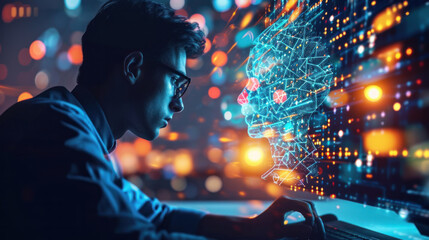A concentrated man works on a computer and conducts analysis using neural networks. Worldwide interface. The young man absorbs information. Technology concept. - obrazy, fototapety, plakaty