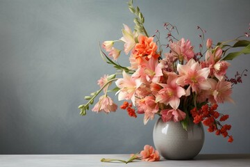 
Bunch of fresh blooming flowers placed on table against gray background