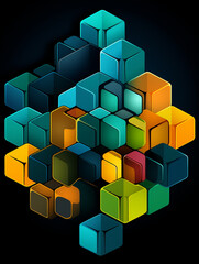 Obraz premium T-shirt design, Abstract illustration of overlapping hexagons in shades of blue and green, with a central bright yellow circle focal point created with Generative Ai