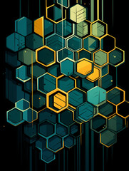 T-shirt design, Abstract illustration of overlapping hexagons in shades of blue and green, with a central bright yellow circle focal point created with Generative Ai