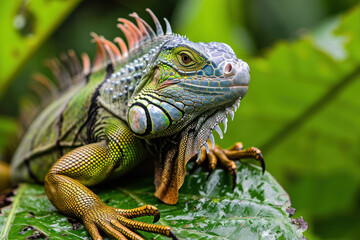 Fototapeta premium Fiji banded iguana on a leaf 