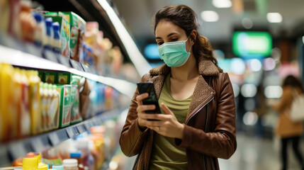 Fototapeta na wymiar Woman wearing a surgical mask while using her smartphone in a grocery store aisle.