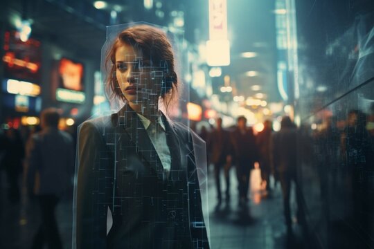 Businesswoman Scanned and Tracked with Technology Walking on Busy Urban City Street. CCTV AI Facial Recognition Big Data Analysis Interface Scanning, Showing Important Personal Information