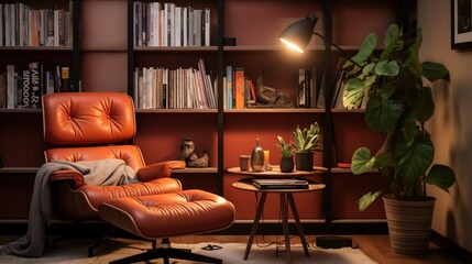 A Cozy Mid-century Reading Nook with a Built-in Bookshelf and Warm Lighting - AI-Generative