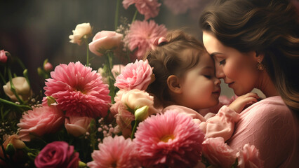 Obraz na płótnie Canvas A mother and her baby daughter happy close to each other hugging with flowers around them