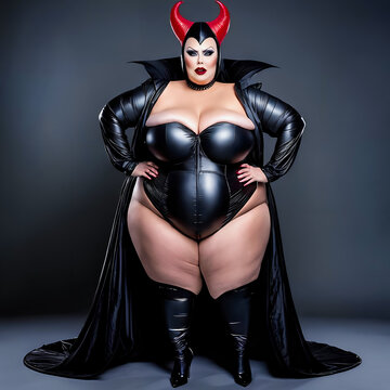Sexy plus size model with large breasts in black tight fetish clothes