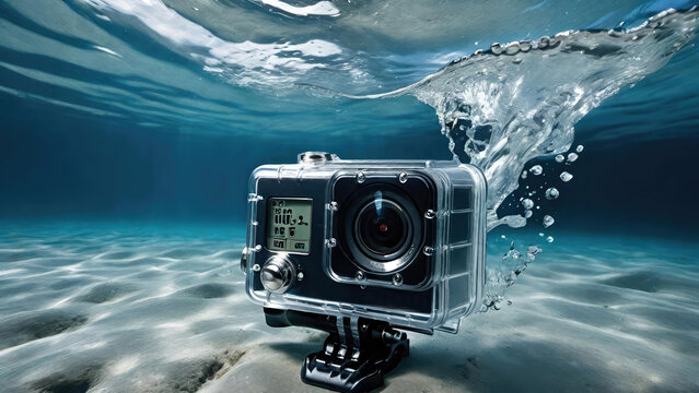 Action waterproof sports camera underwater on a rock.Generative AI