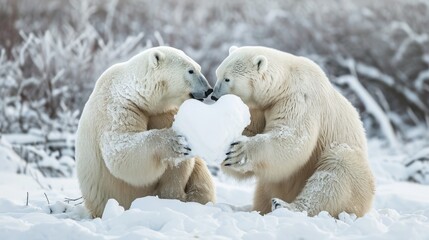 Polar bear couple in a snowy landscape. male bear presents white heart made of snow to his partner. - obrazy, fototapety, plakaty