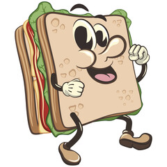 vector illustration of cute sandwich character mascot dancing cheerfully, work of handmade