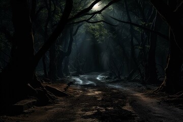 Capture the eerie shadows cast by a full moon on a dark forest path.