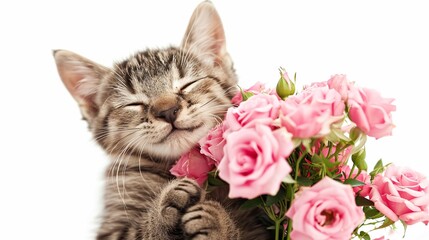 Cute smiling tabby cat smelling and holding a bouquet of pink rose flowers. Fluffy pet frowning with pleasure. Cozy spring romantic animal isolated on white, Valentine's card concept.