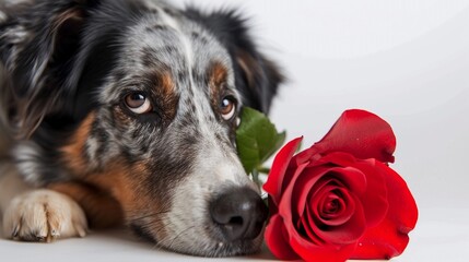 Valentine puppy, cute dog with red rose hold in his mouth as a gift for Valentine's Day, isolated on white background.