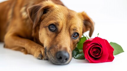 Valentine puppy, cute dog with red rose hold in his mouth as a gift for Valentine's Day, isolated on white background.