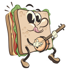 vector illustration of cute sandwich character mascot playing a banjo musical instrument, work of handmad