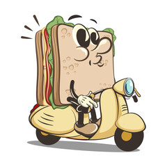 vector illustration of cute sandwich character mascot riding a scooter, work of handmade
