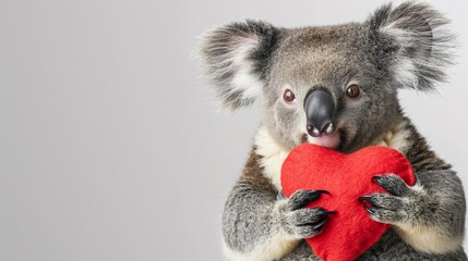 Cute koala holding a stuffed red heart shape isolated on white with copy space, cute Valentine's...
