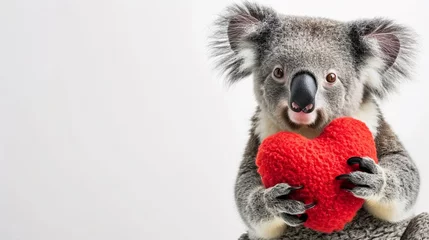 Foto op Plexiglas Cute koala holding a stuffed red heart shape isolated on white with copy space, cute Valentine's animal, greeting card, banner. © Jasper W