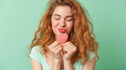 Close-up portrait of attractive lovely coquettish cheerful cheery wavy-haired girl holding in hands small little heart sending you kiss isolated over pastel green background. - obrazy, fototapety, plakaty