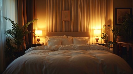 Peaceful sleep environment with dimmed lights and blackout curtains to create an ideal sleeping atmosphere. [Peaceful sleep environment