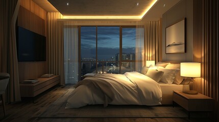 Peaceful sleep environment with dimmed lights and blackout curtains to create an ideal sleeping atmosphere. [Peaceful sleep environment
