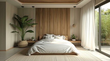 Bedroom with blackout curtains and minimalistic decor for a distraction-free sleep environment. [Minimalistic bedroom for better sleep