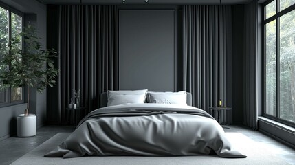 Bedroom with blackout curtains and minimalistic decor for a distraction-free sleep environment. [Minimalistic bedroom for better sleep