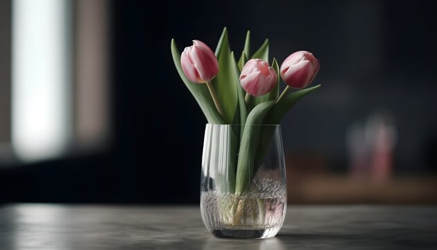 Glass of fresh pink tulip flower in vase