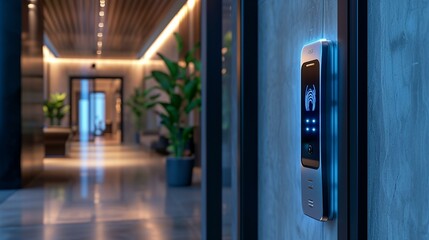 Secure entryway with a biometric fingerprint scanner ensuring only authorized access. [Biometric fingerprint scanner for secure entryway