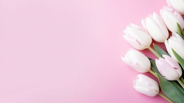 Pink background with white tulips on the side, March 8, Valentine's Day, free space for text