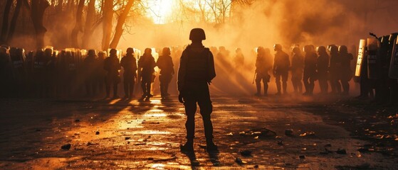 Fototapeta premium A lone protester stands resolute in front of a crowd, symbolizing peaceful resistance. Generative AI.