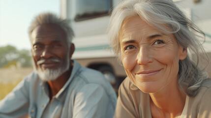 A serene scene of two elderly tourists on a picnic near their vintage motor home. Concept of active age