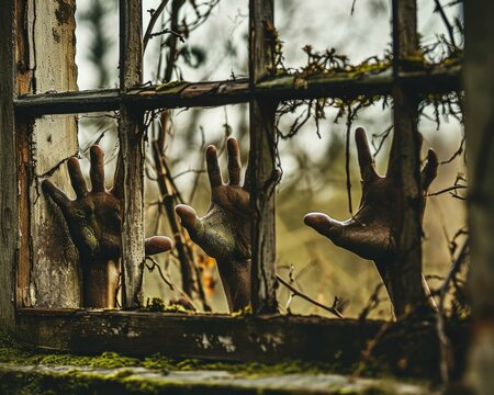 A haunting image of zombie hands reaching out from a window, symbolizing the struggle for freedom and human rights. Generative AI.